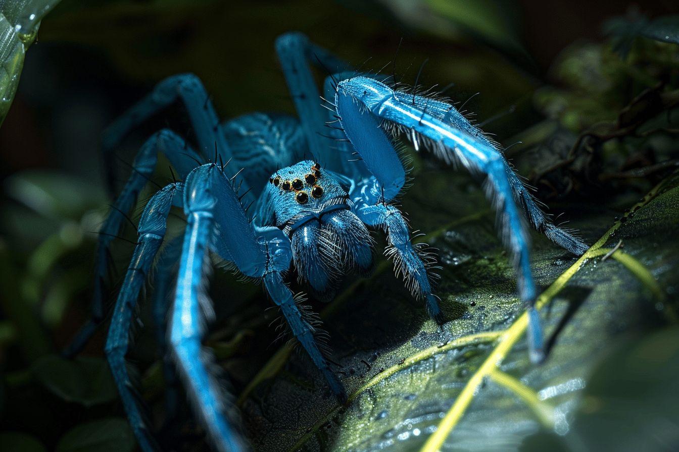 Araignée bleue détaillée sur surface verte avec plusieurs yeux