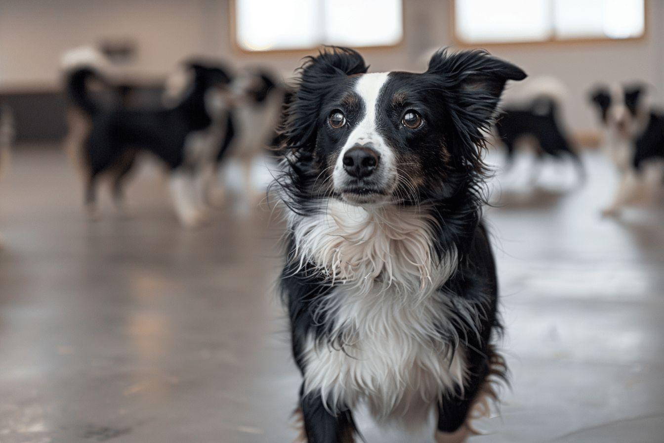 Chien noir et blanc aux poils longs, regard intense, autres chiens en fond