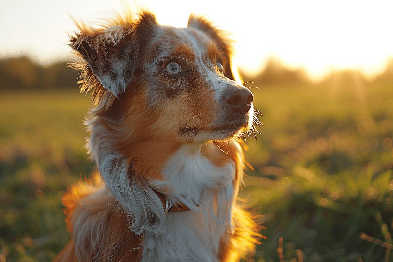 Berger australien dans un champ doré au crépuscule