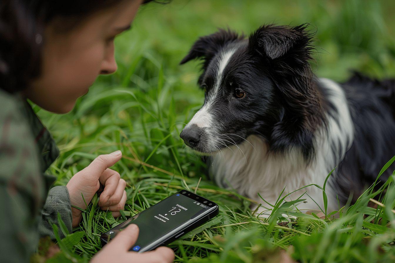 Border collie noir et blanc regardant un smartphone sur l'herbe
