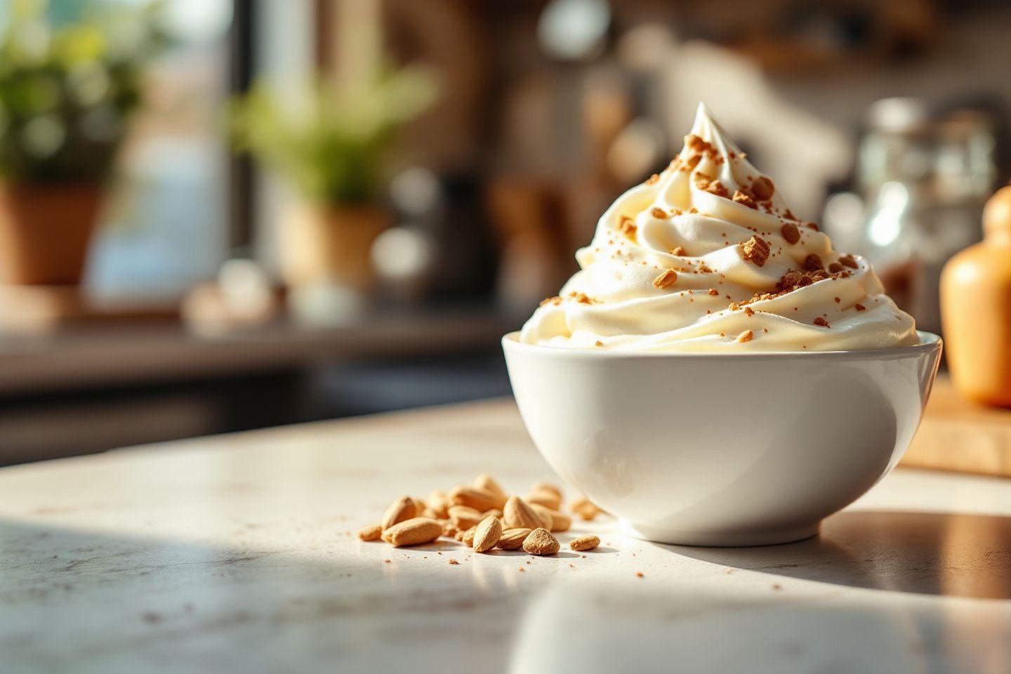Bol de crème blanche surmontée de noix fraîchement concassées