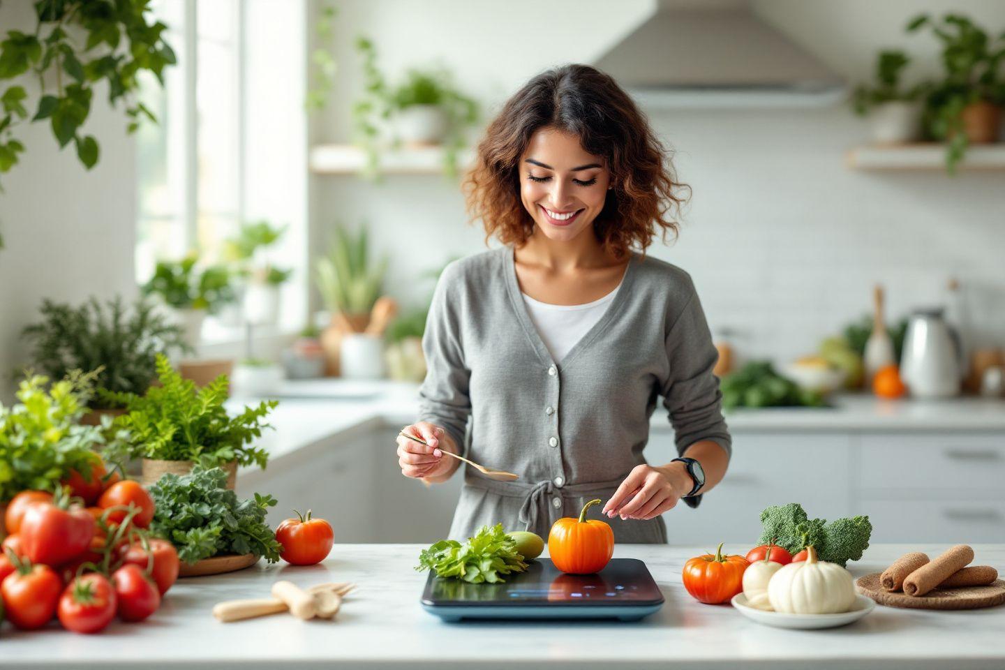 Femme souriante préparant des légumes frais sur balance de cuisine