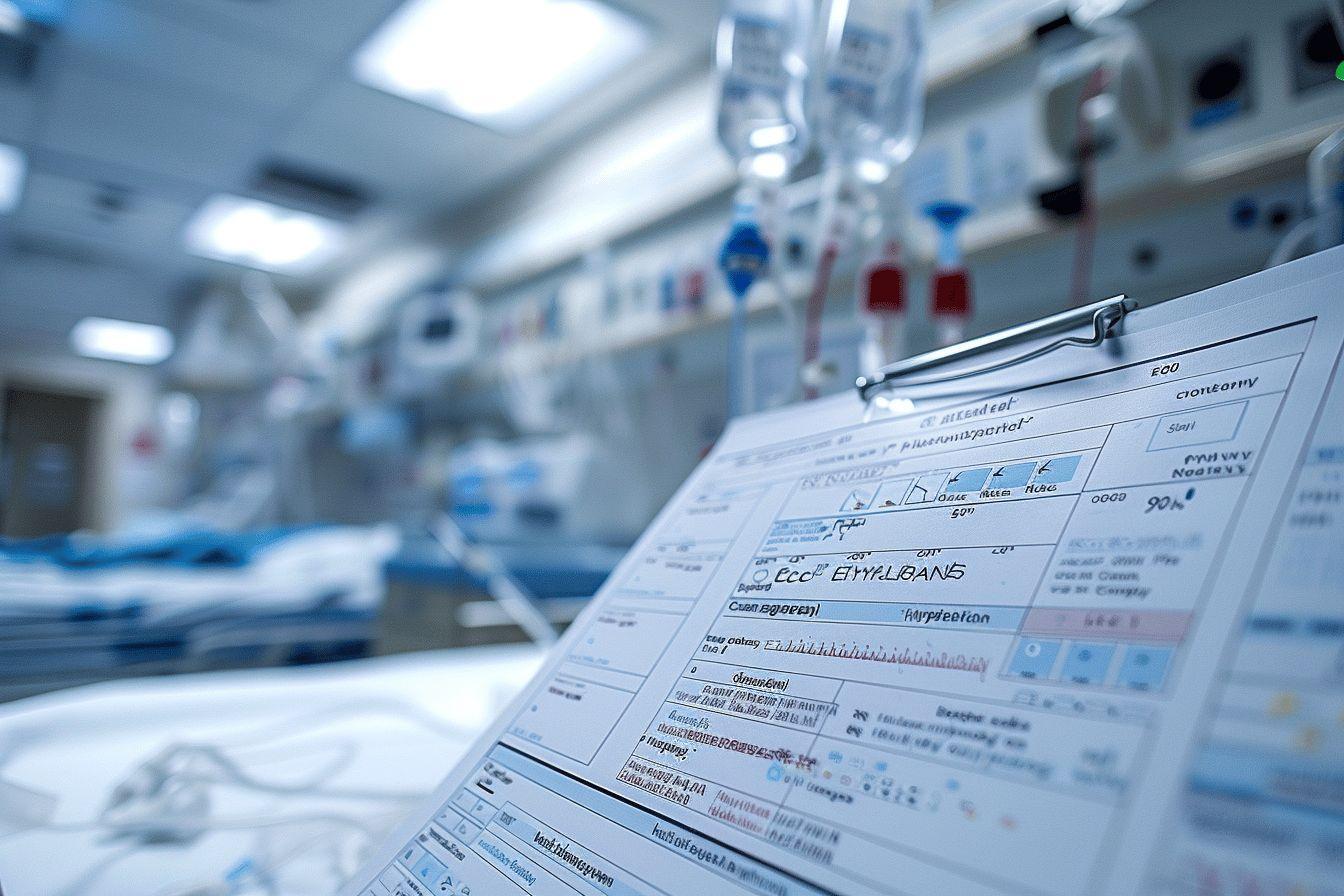 Formulaire médical sur presse-papiers avec équipements hospitaliers en arrière-plan