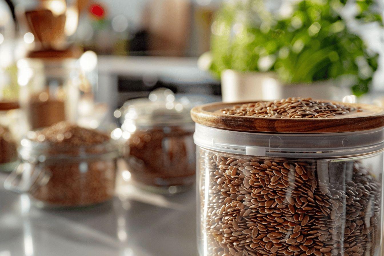 Bocaux en verre remplis de graines de lin brunes
