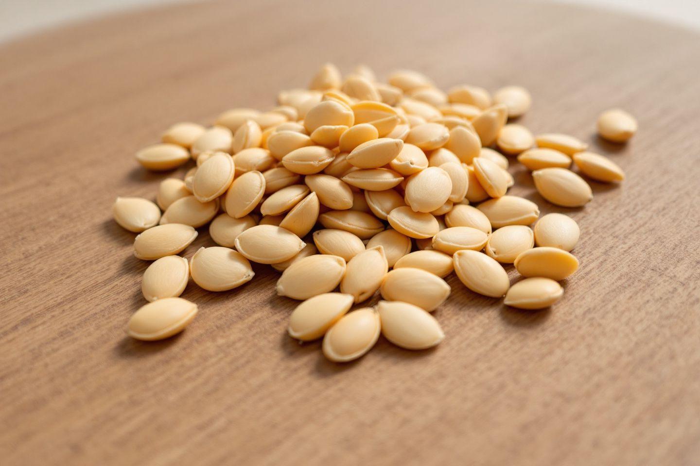 Graines de sésame blanches et brillantes sur une surface en bois