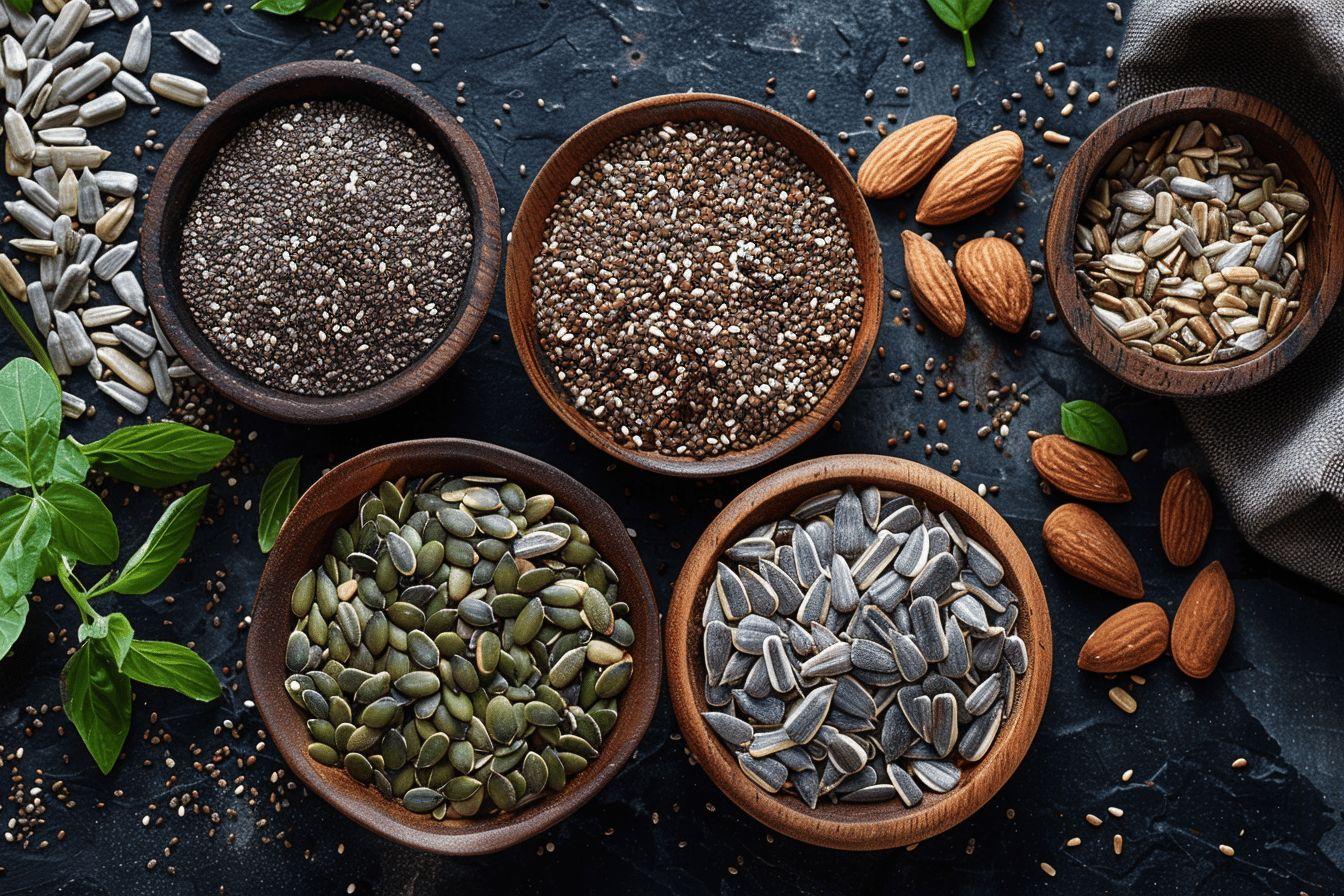 Différentes graines et noix dans des bols en bois sur fond sombre