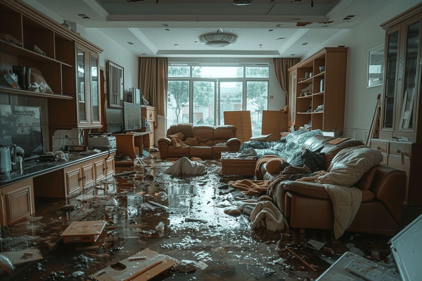Pièce de la maison inondée avec des dommages importants