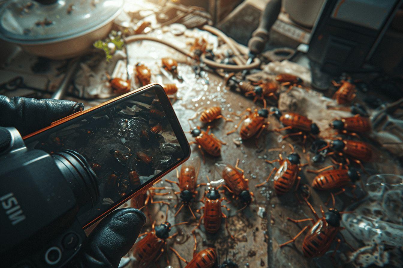 Smartphone montrant des insectes rouges sur une surface technique