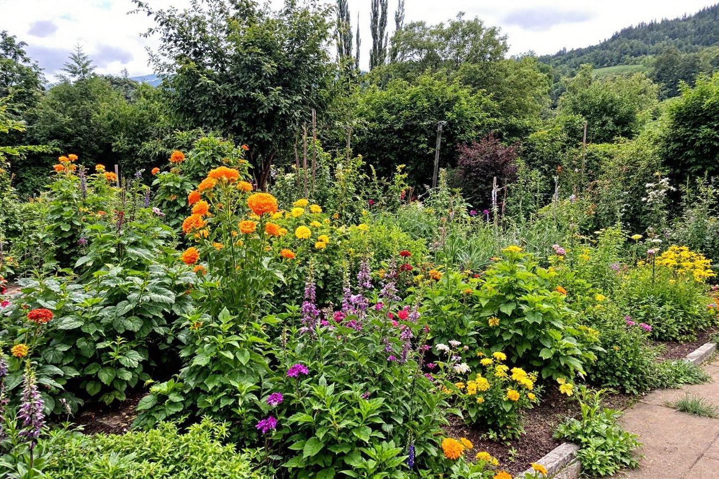 Parterre de fleurs oranges, jaunes et violettes dans un jardin verdoyant