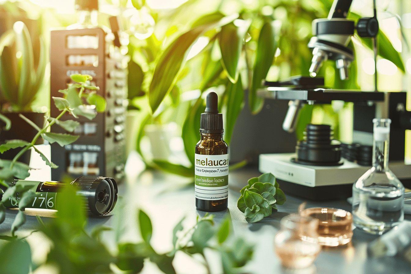 Flacon de Melaleuca entouré de plantes vertes et microscope