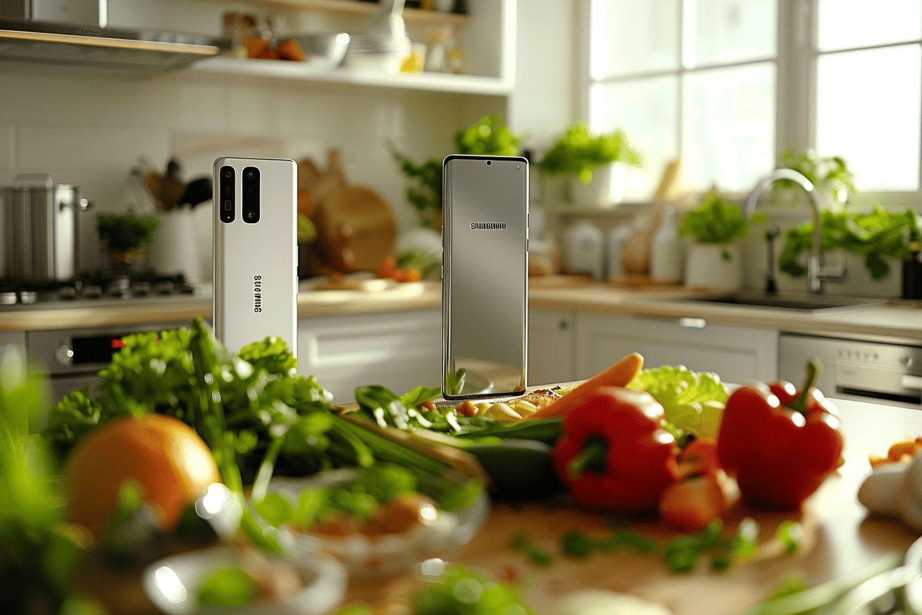 Cuisine lumineuse avec smartphones et légumes colorés