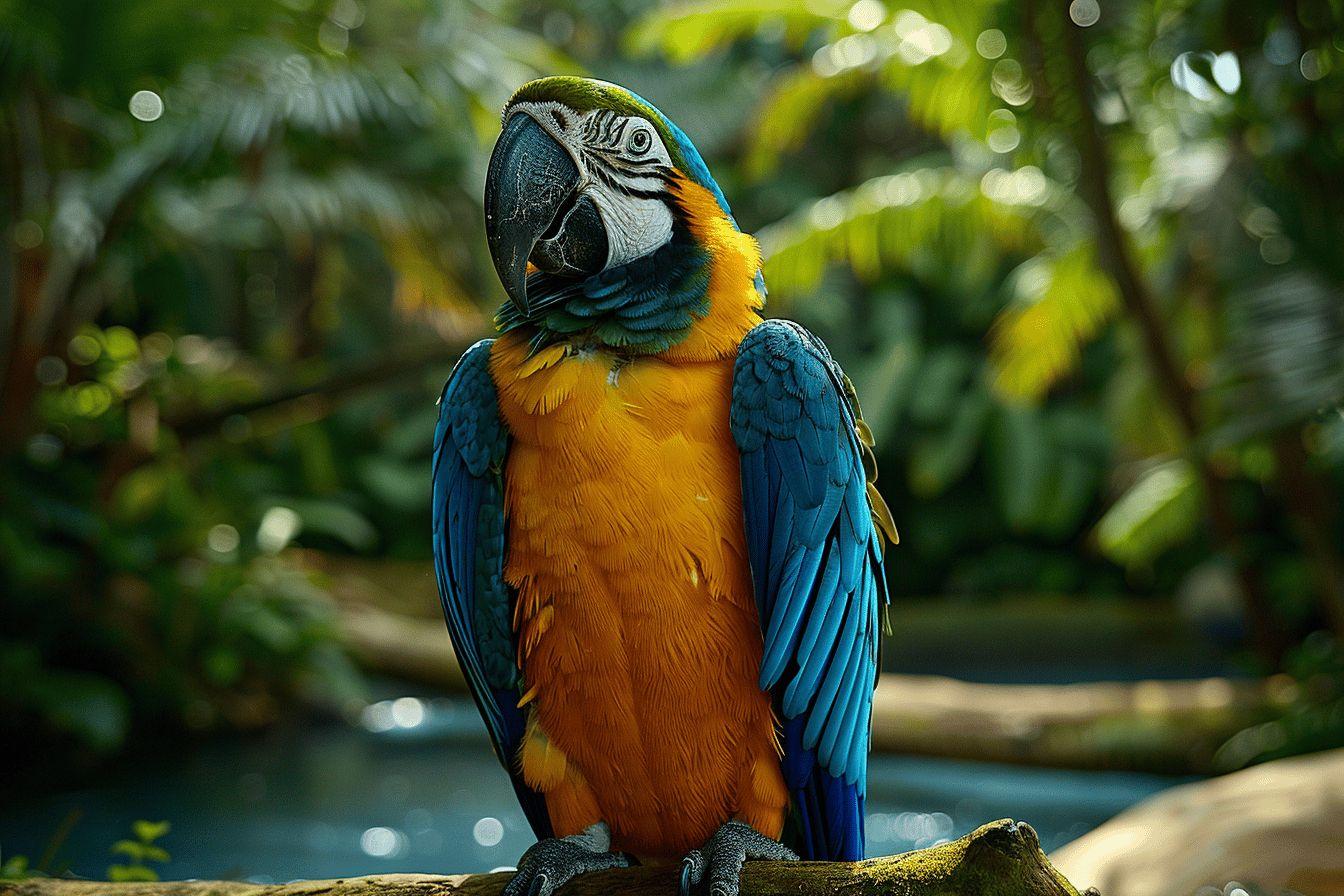 Perroquet coloré posé sur une branche en forêt tropicale