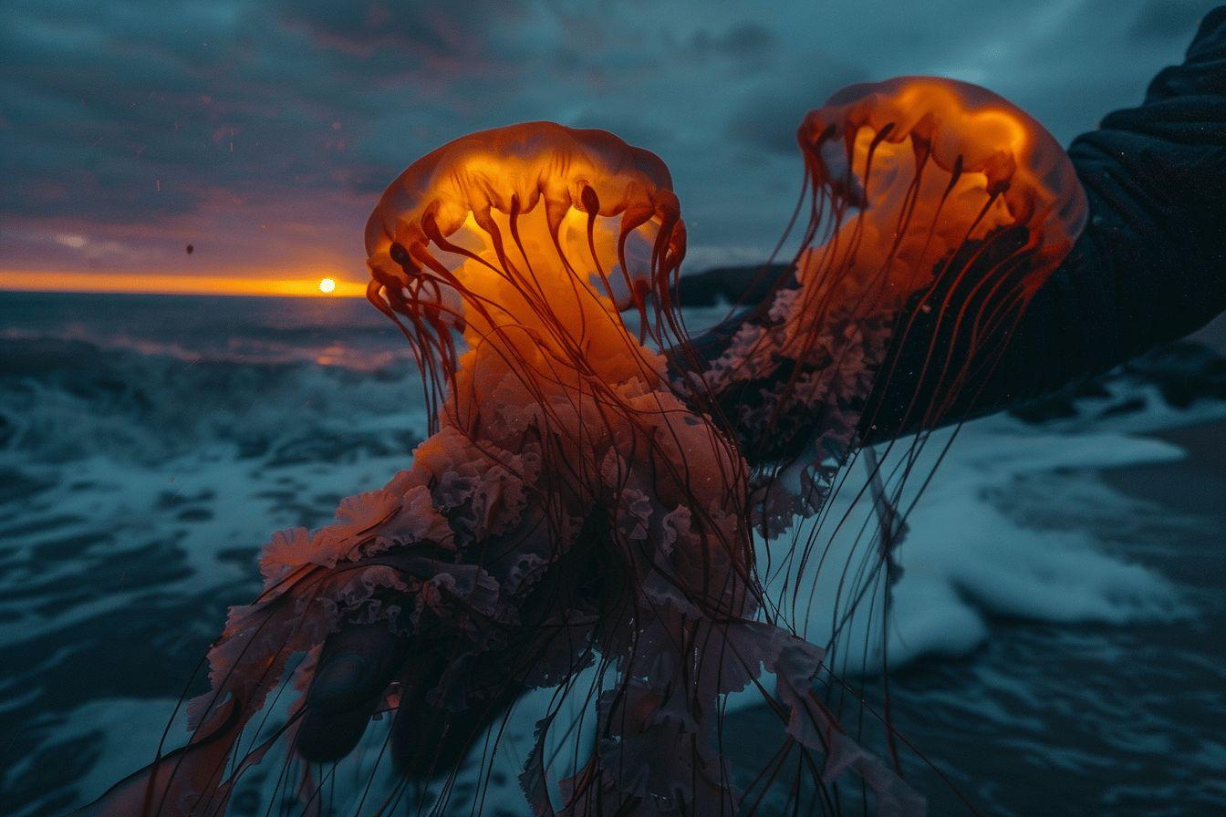 Deux méduses aux tentacules lumineux flottant dans l'océan au coucher de soleil