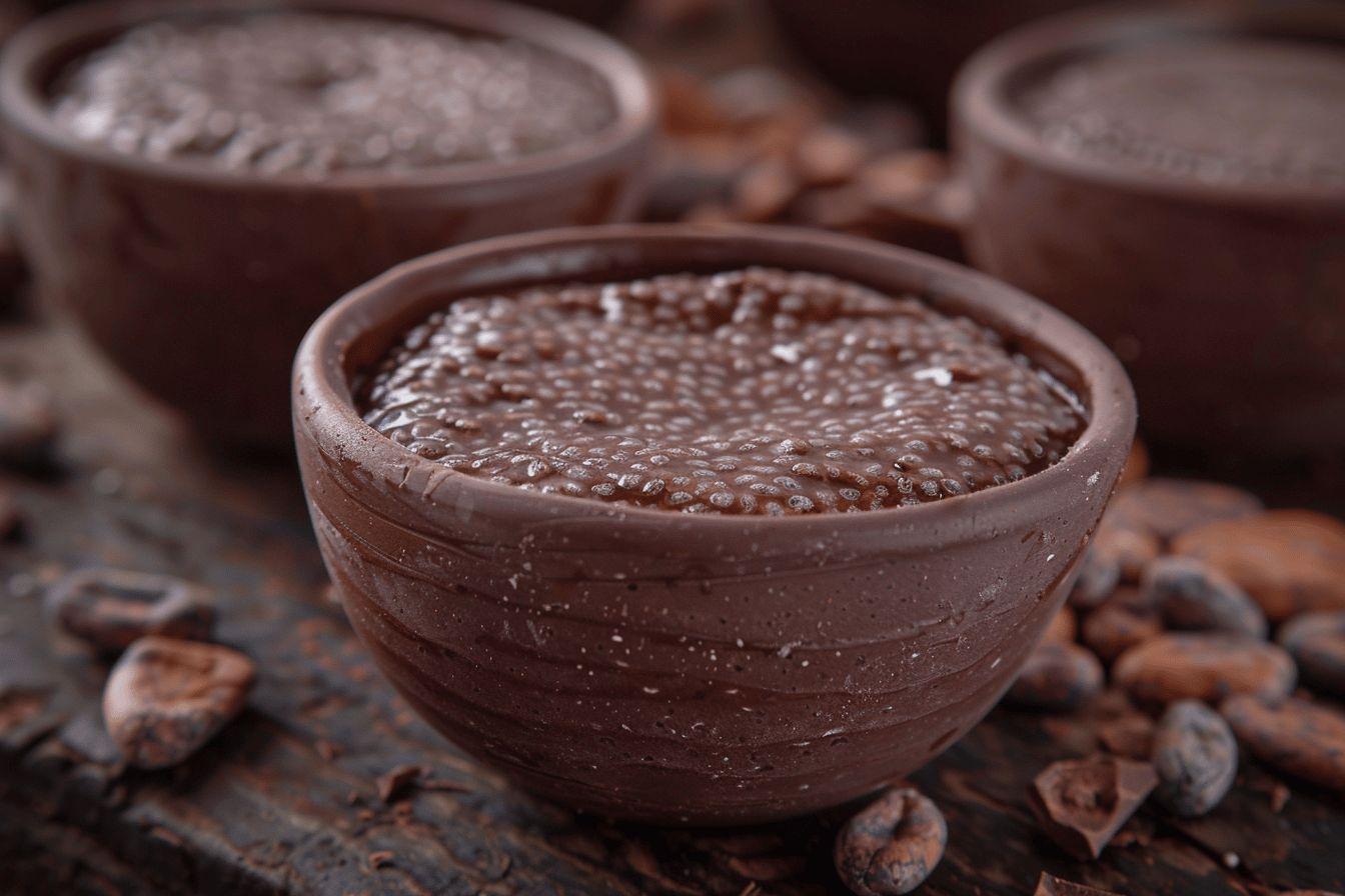Bols bruns remplis de mousse au chocolat avec des fèves