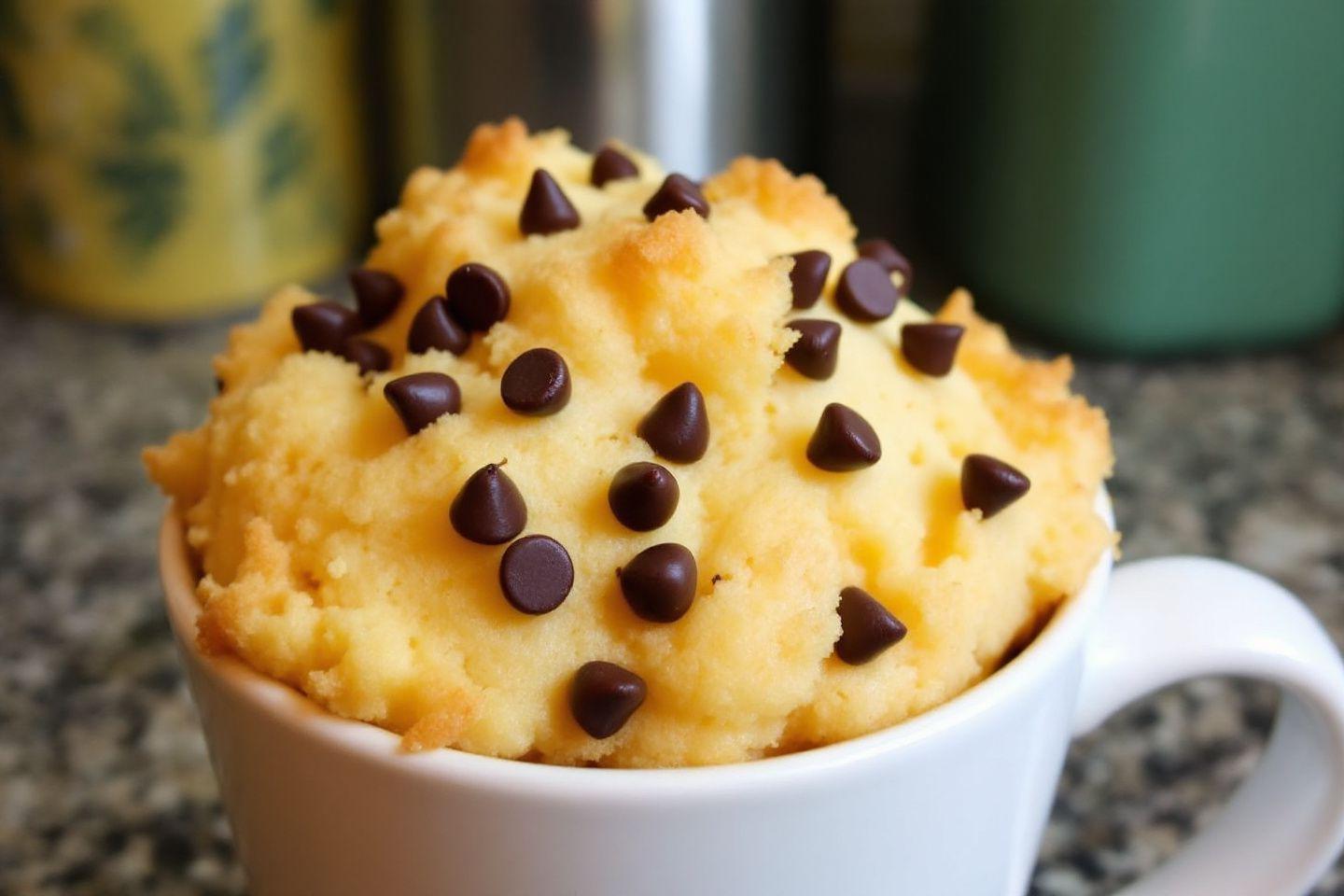 Gâteau jaune dans une tasse blanche avec des pépites de chocolat