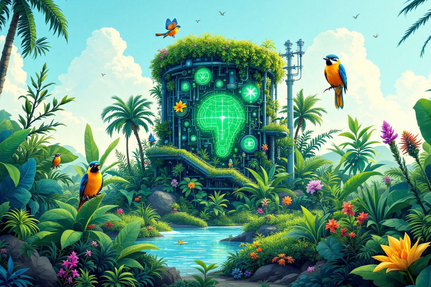 Jungle avec machine verte et oiseaux exotiques colorés