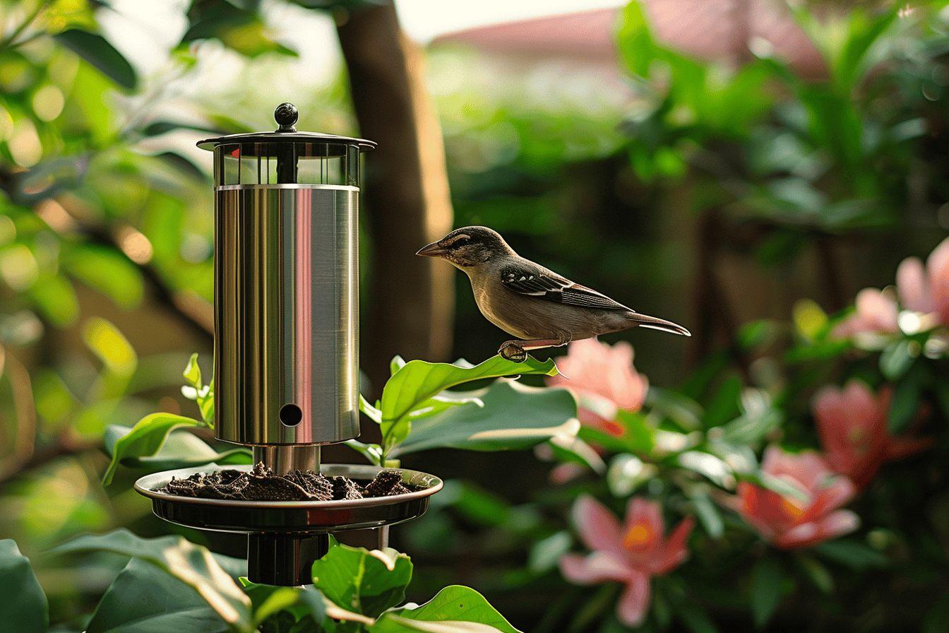 Petit oiseau posé près d'un distributeur de graines dans un jardin