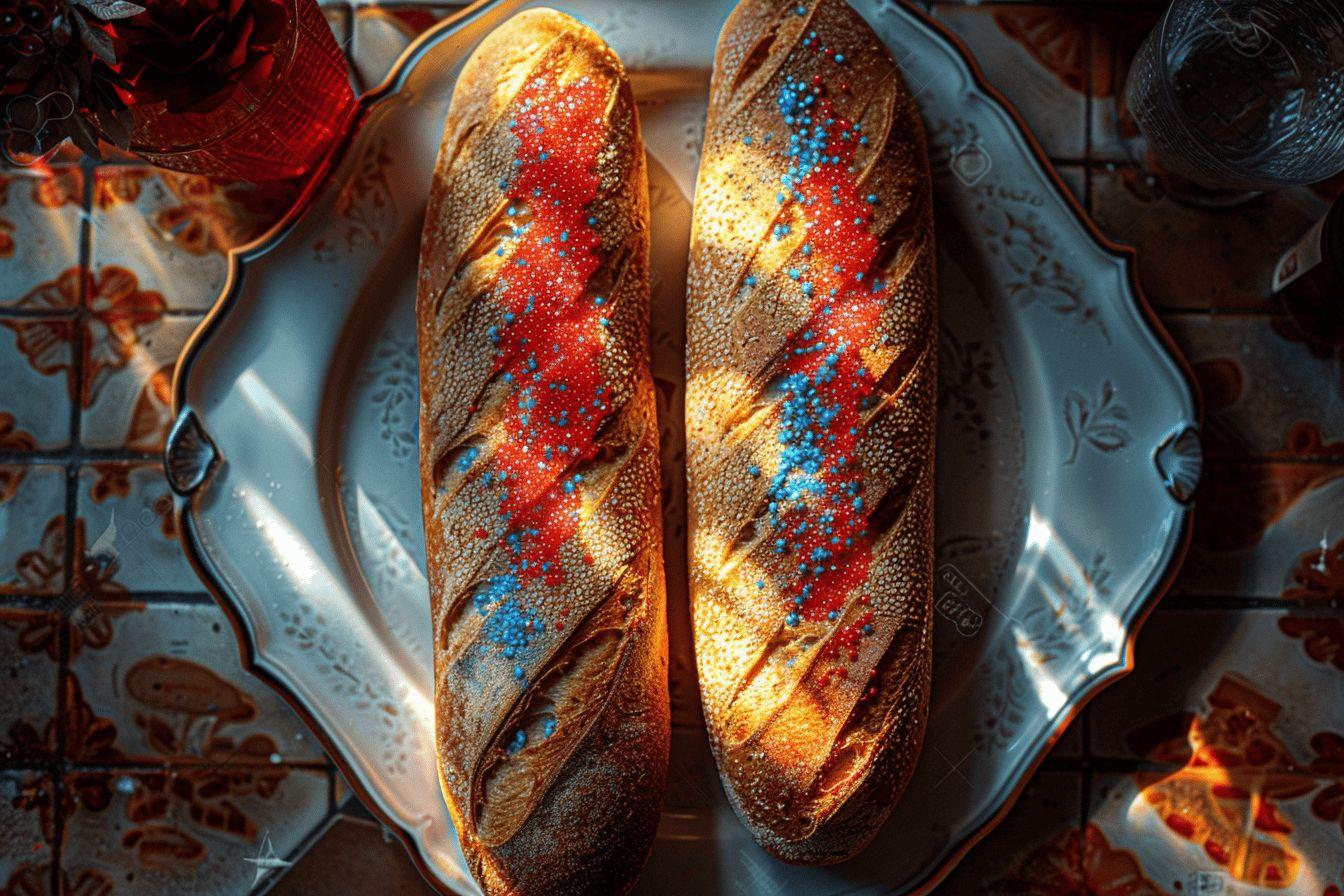 Deux pains dorés décorés de points bleus et rouges