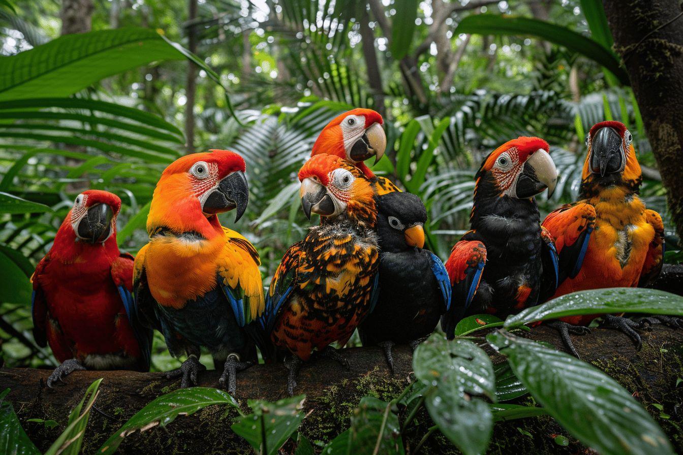 Groupe de perroquets colorés sur une branche en forêt tropicale