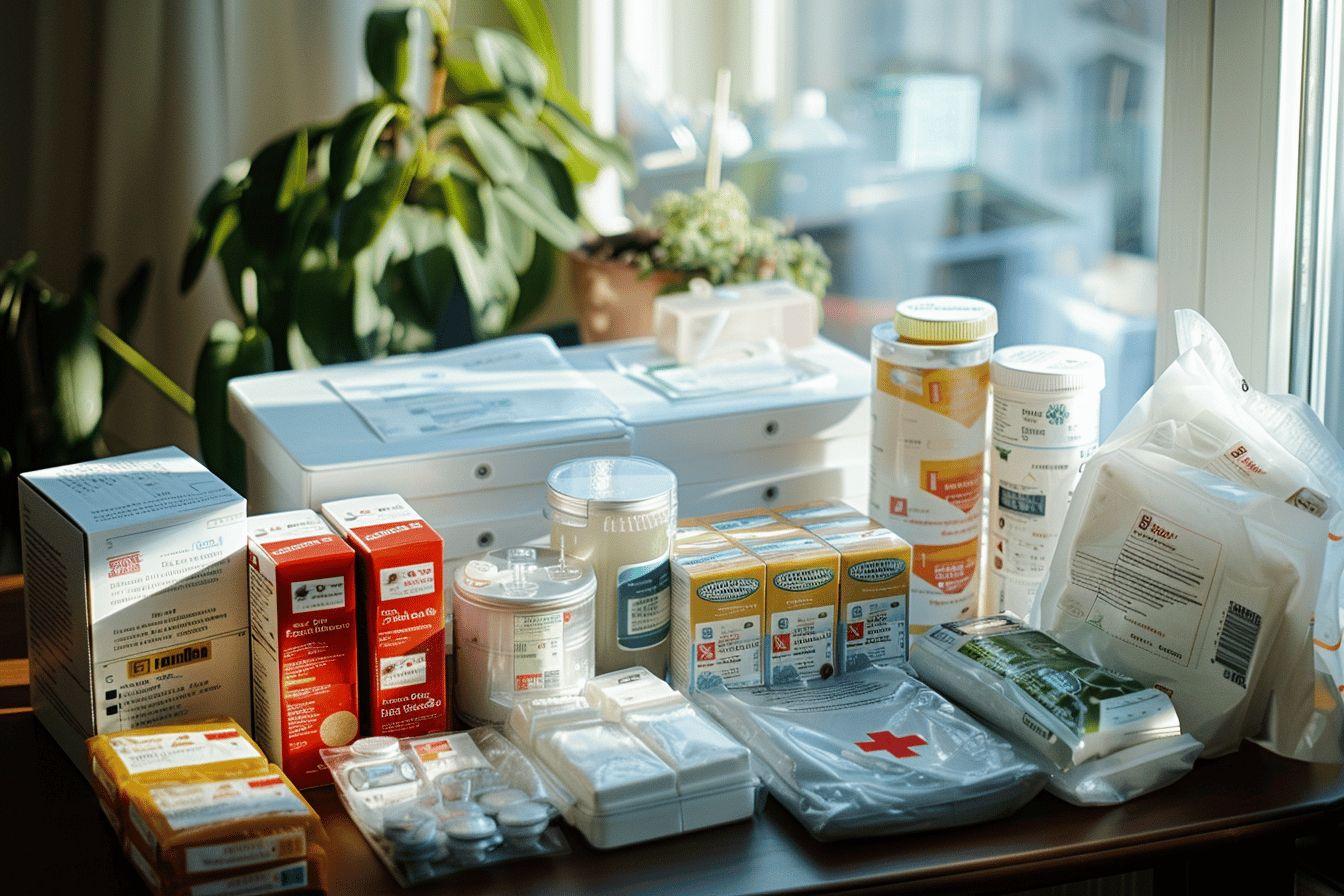 Image montrant une grande variété de médicaments et de fournitures médicales sur un comptoir