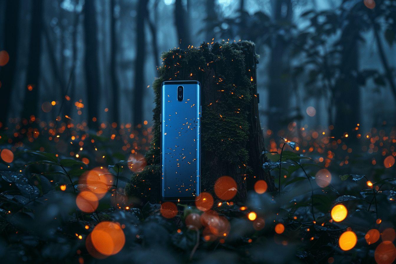 Téléphone bleu sur souche, lueurs orange, ambiance forestière nocturne