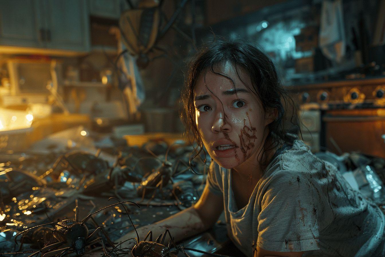 Femme effrayée dans un environnement sombre avec des cafards