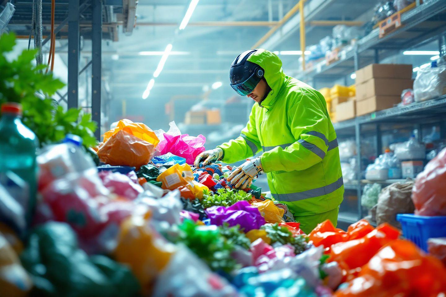 Travailleur en veste jaune triant des déchets colorés sur une étagère