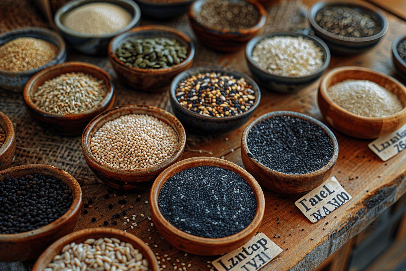Plusieurs bols en bois remplis de différentes graines et céréales
