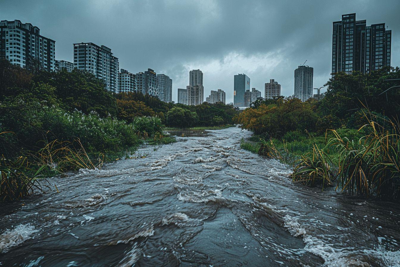 Paysage urbain dynamique avec gratte-ciels et rivière en crue