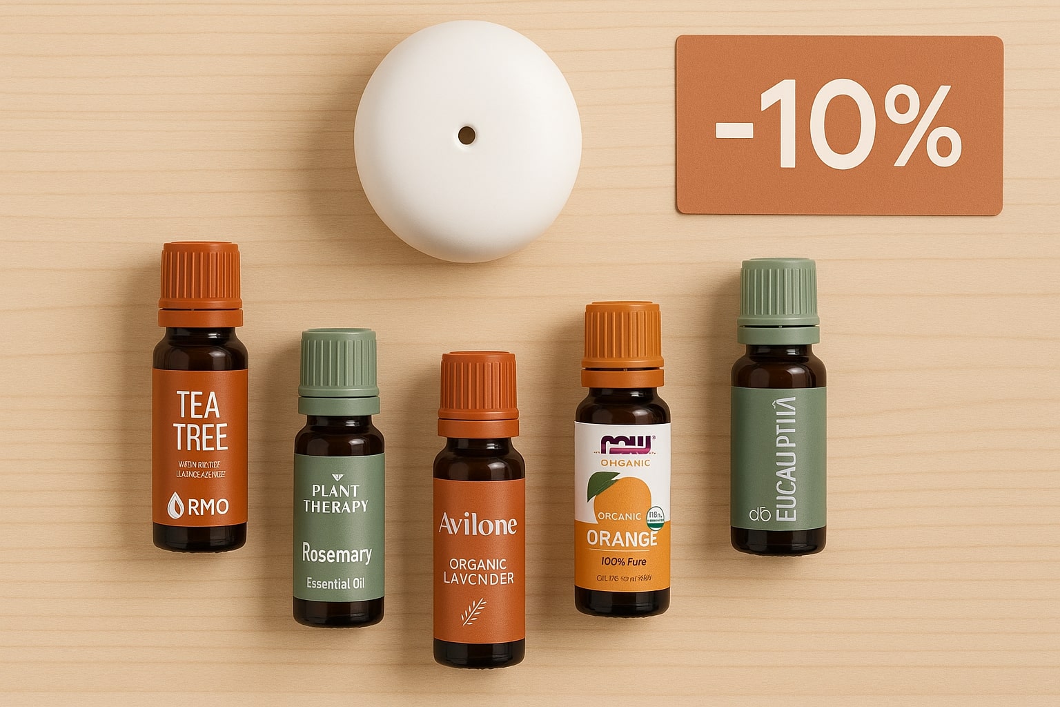 nutritienda-flatlay-prix-cassés Flat lay d’huiles essentielles et d’un diffuseur