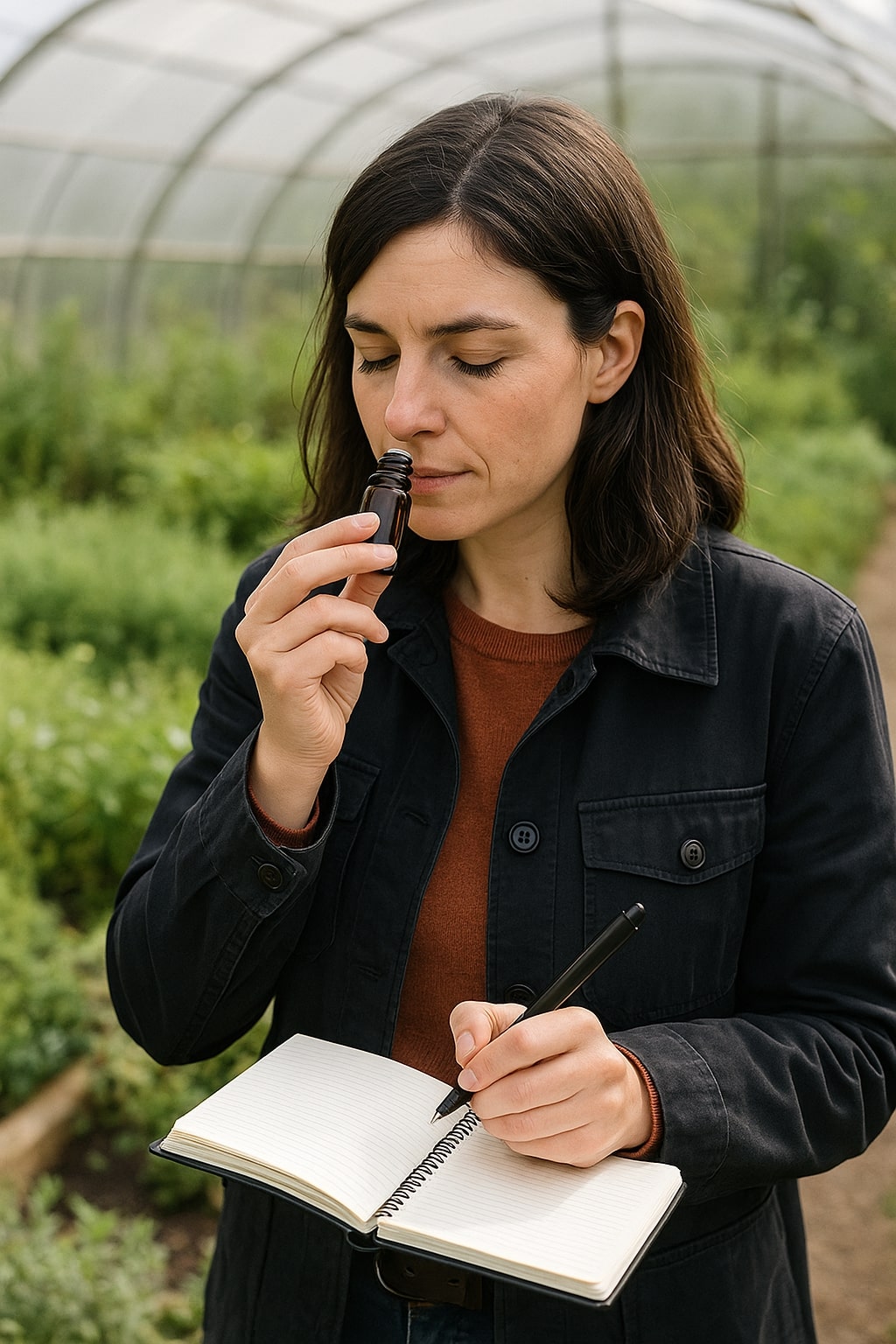 nutritienda-test-terrain Journaliste testant une huile essentielle dans une serre