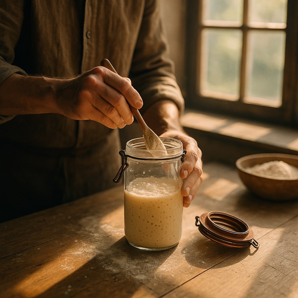 Levain2 Mains de boulanger nourrissant un levain dans une cuisine rustique