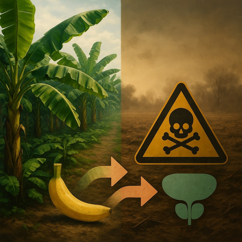 ChatGPT Image 27 mai 2025, 22_13_14 Illustration contrastant plantation de bananes saine et zone contaminée aux pesticides chlordécone