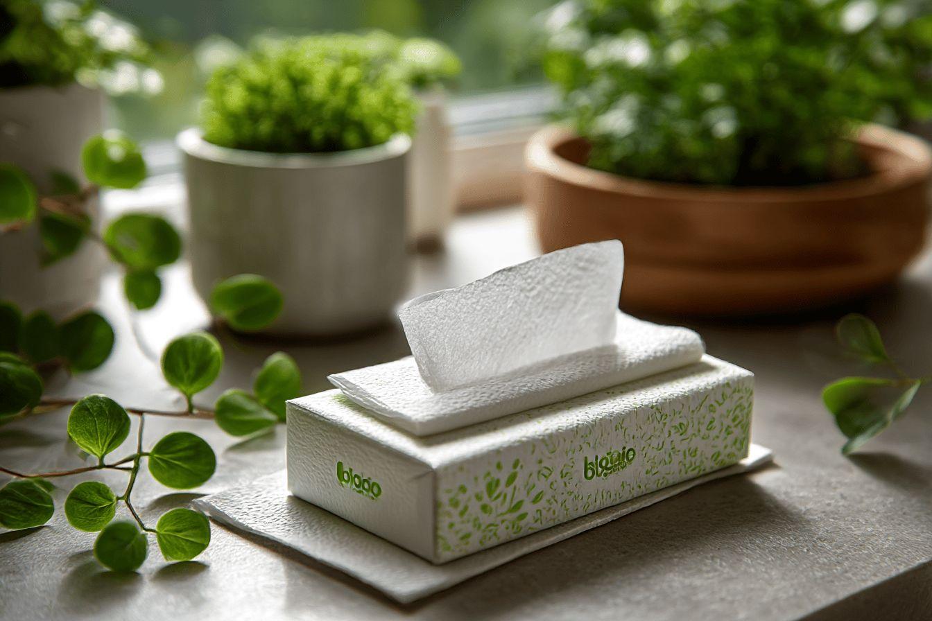 Boîte de mouchoirs blancs entourée de feuilles vertes près de plantes