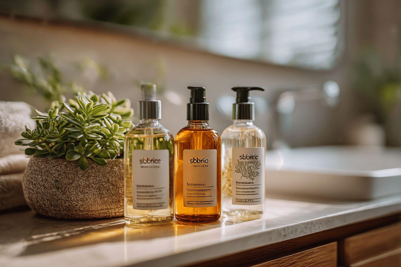 Flacons en verre de cosmétiques Sbbrio près d'une plante succulente