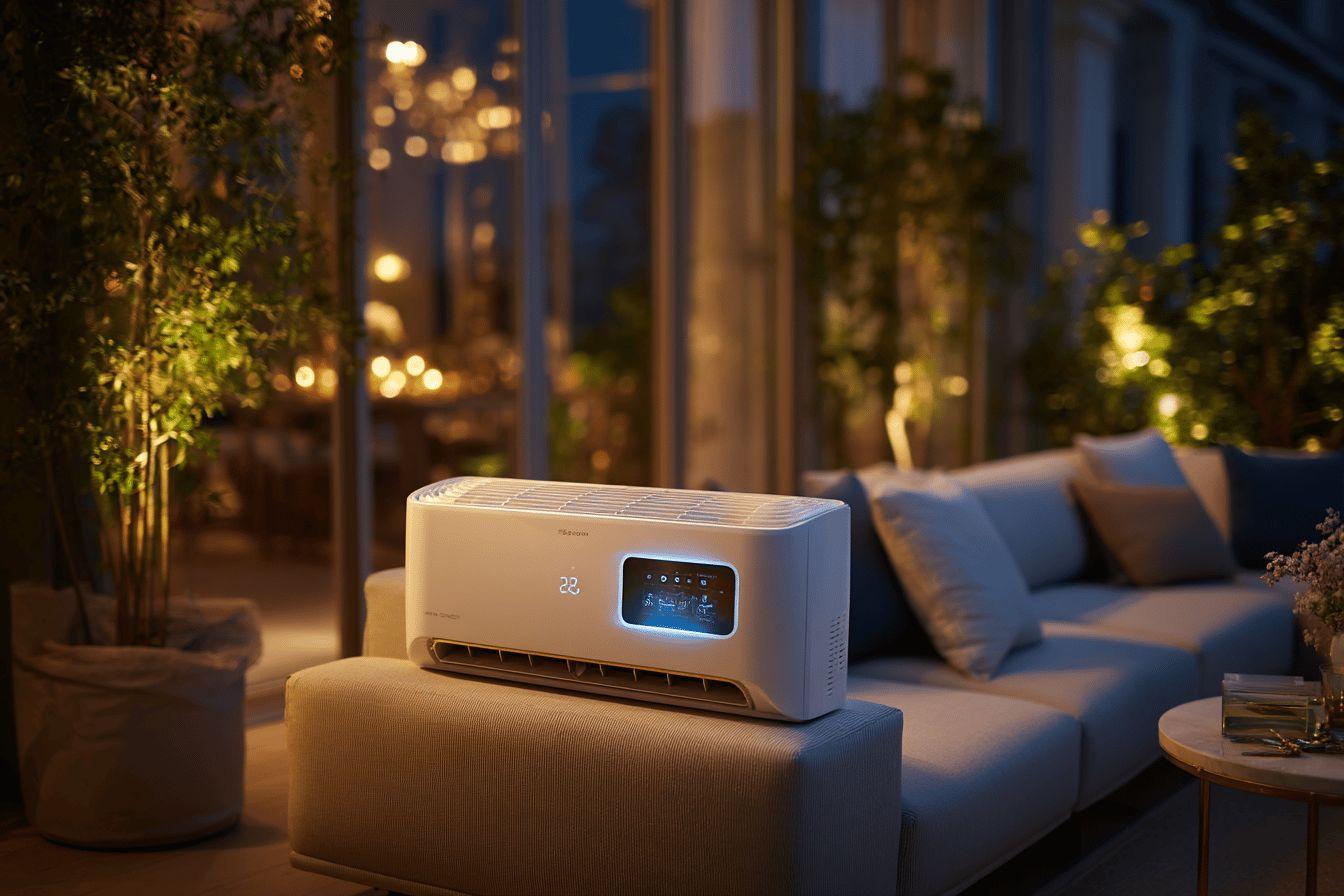 Appareil de climatisation blanc sur pouf avec canapé et plantes