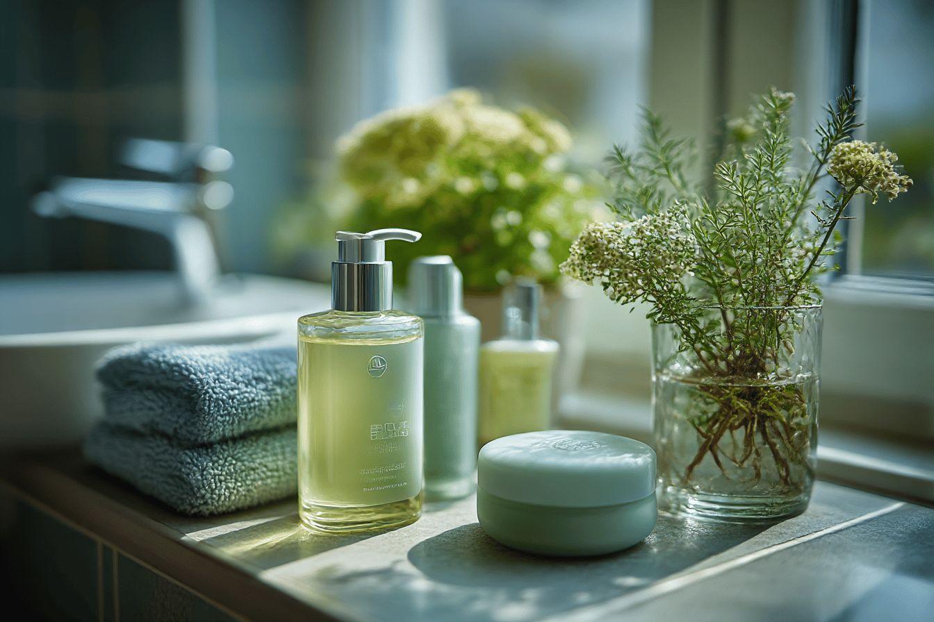 Flacons de savon, pot de fleurs et serviettes sur étagère de salle de bain