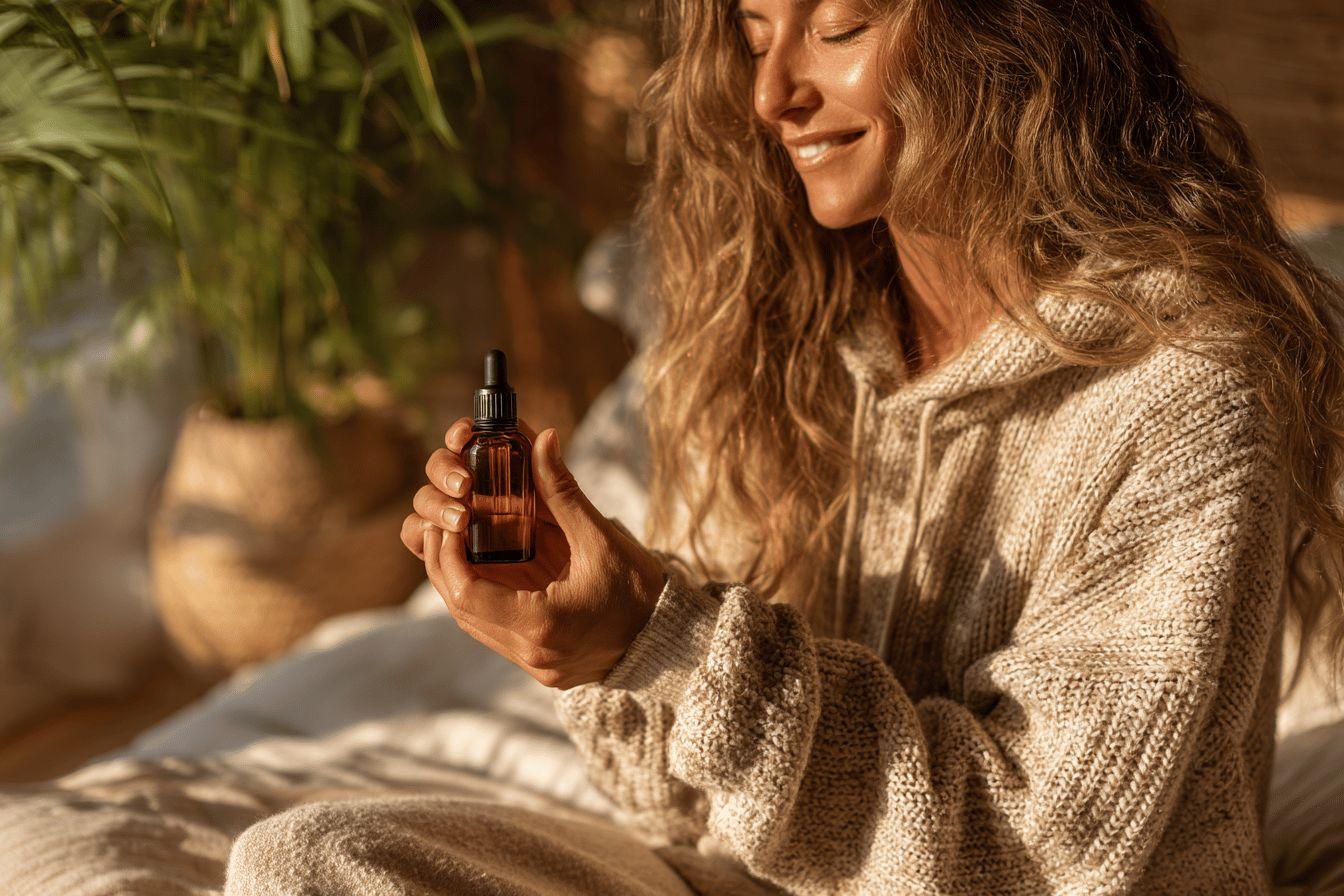 Femme souriante tenant un flacon d'huile avec des plantes
