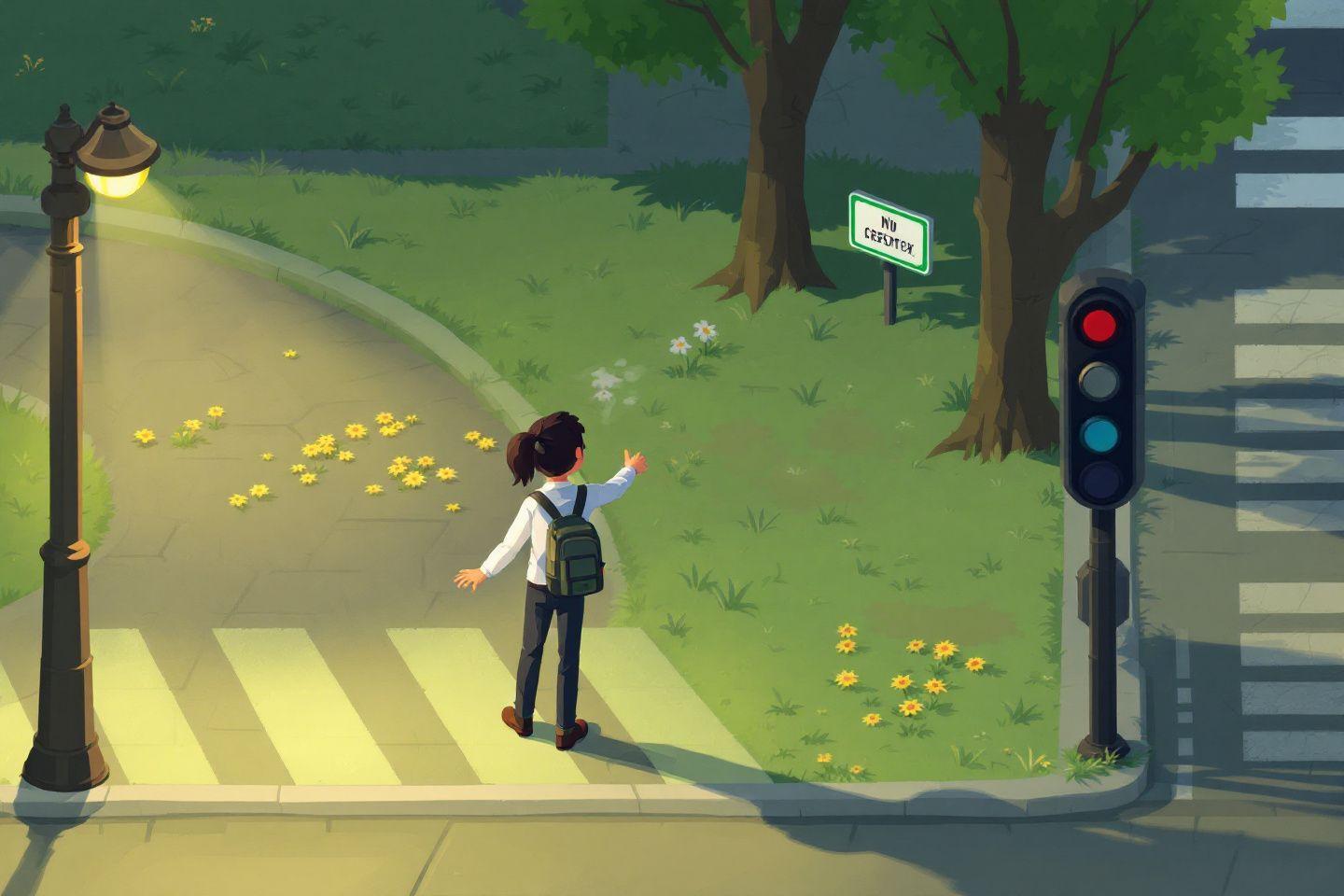 Un écolier traverse un passage piéton verdoyant et fleuri