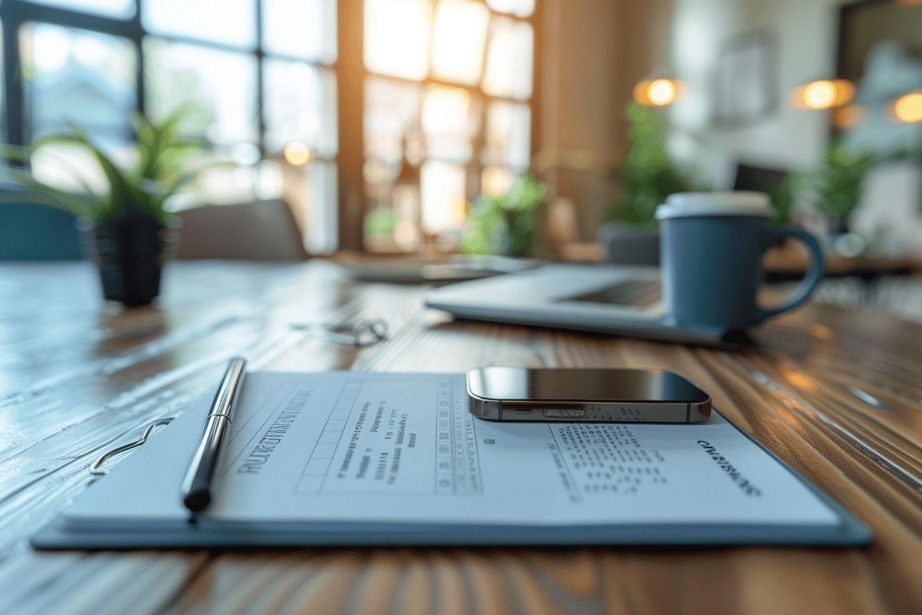 Bureau avec documents, smartphone, tasse et plantes vertes