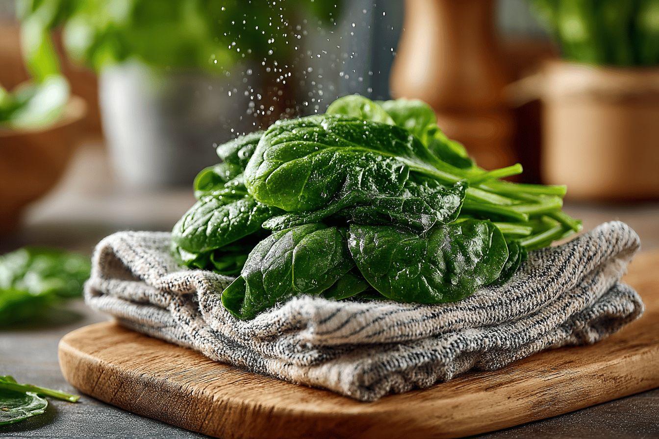 Tas d'épinards verts humides sur un torchon gris