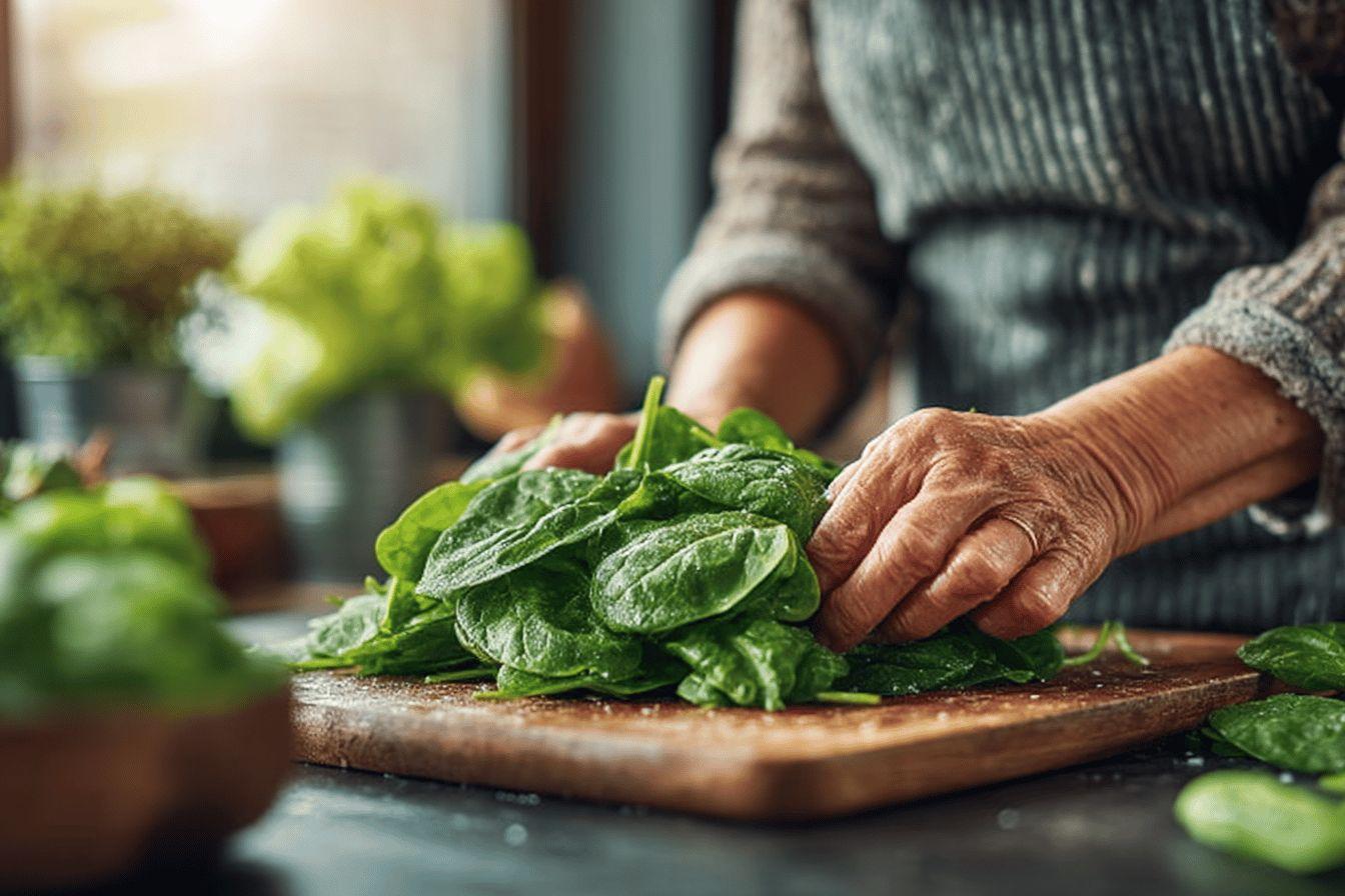 Main préparant des épinards verts sur une planche en bois