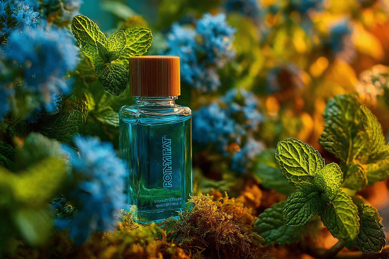 Bouteille bleue de parfum entourée de feuilles de menthe vertes
