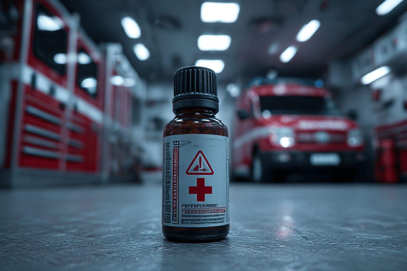 Bouteille médicale sur sol de garage avec véhicules