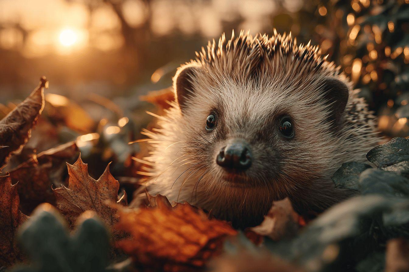Hérisson mignon parmi des feuilles mortes dorées au coucher du soleil
