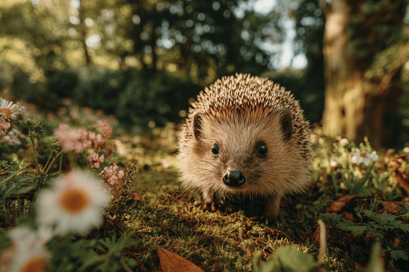 Hérisson gris sur mousse verte, entouré de fleurs et feuilles