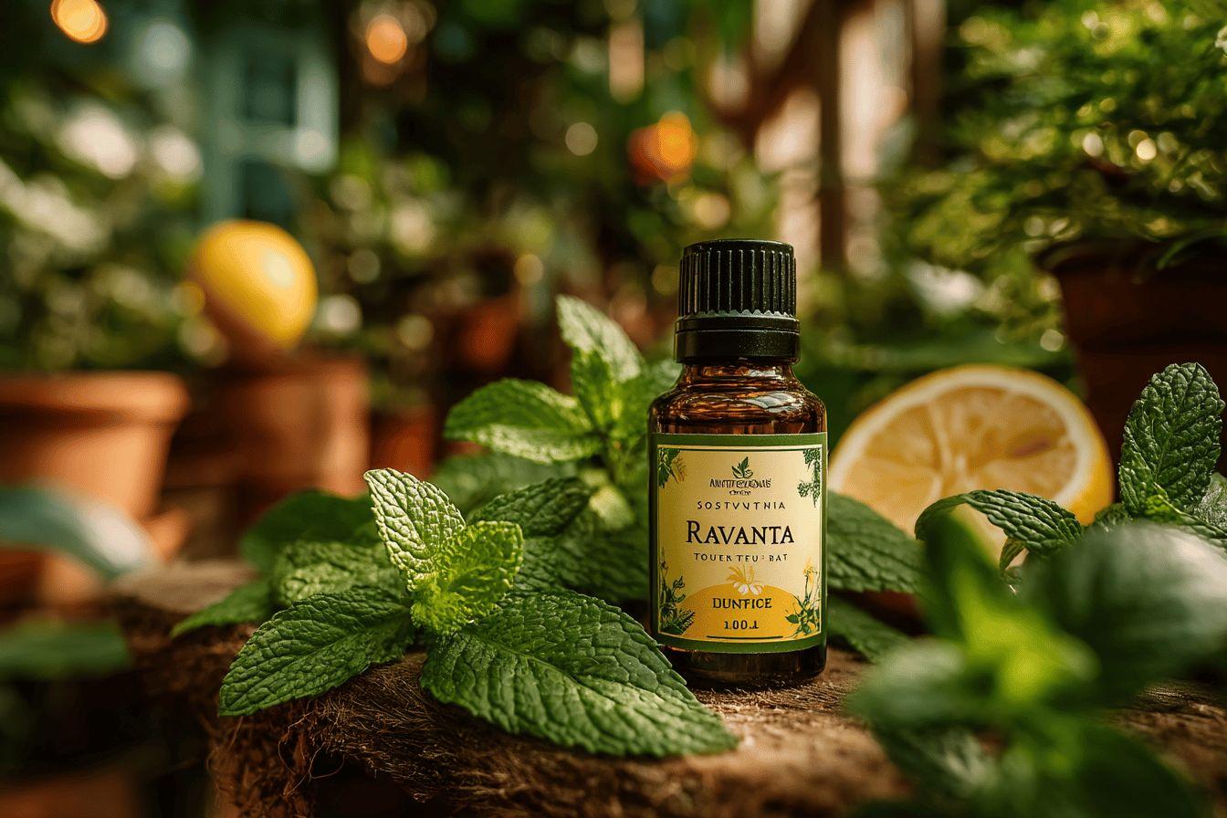 Bouteille d'huile essentielle Ravanta avec feuilles de menthe et citron