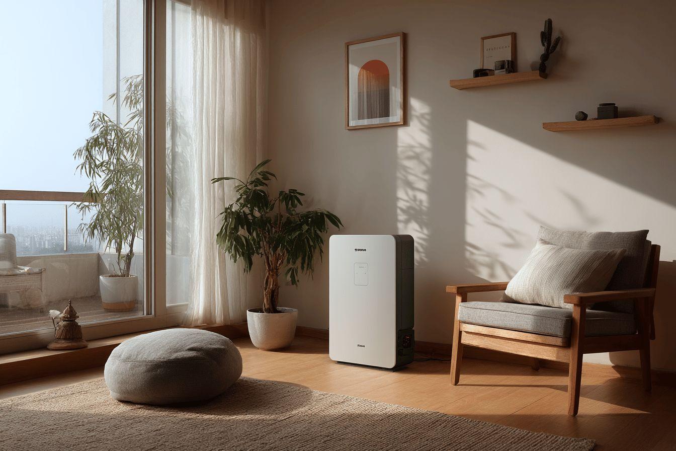 Salon lumineux avec plantes, fauteuil et purificateur d'air