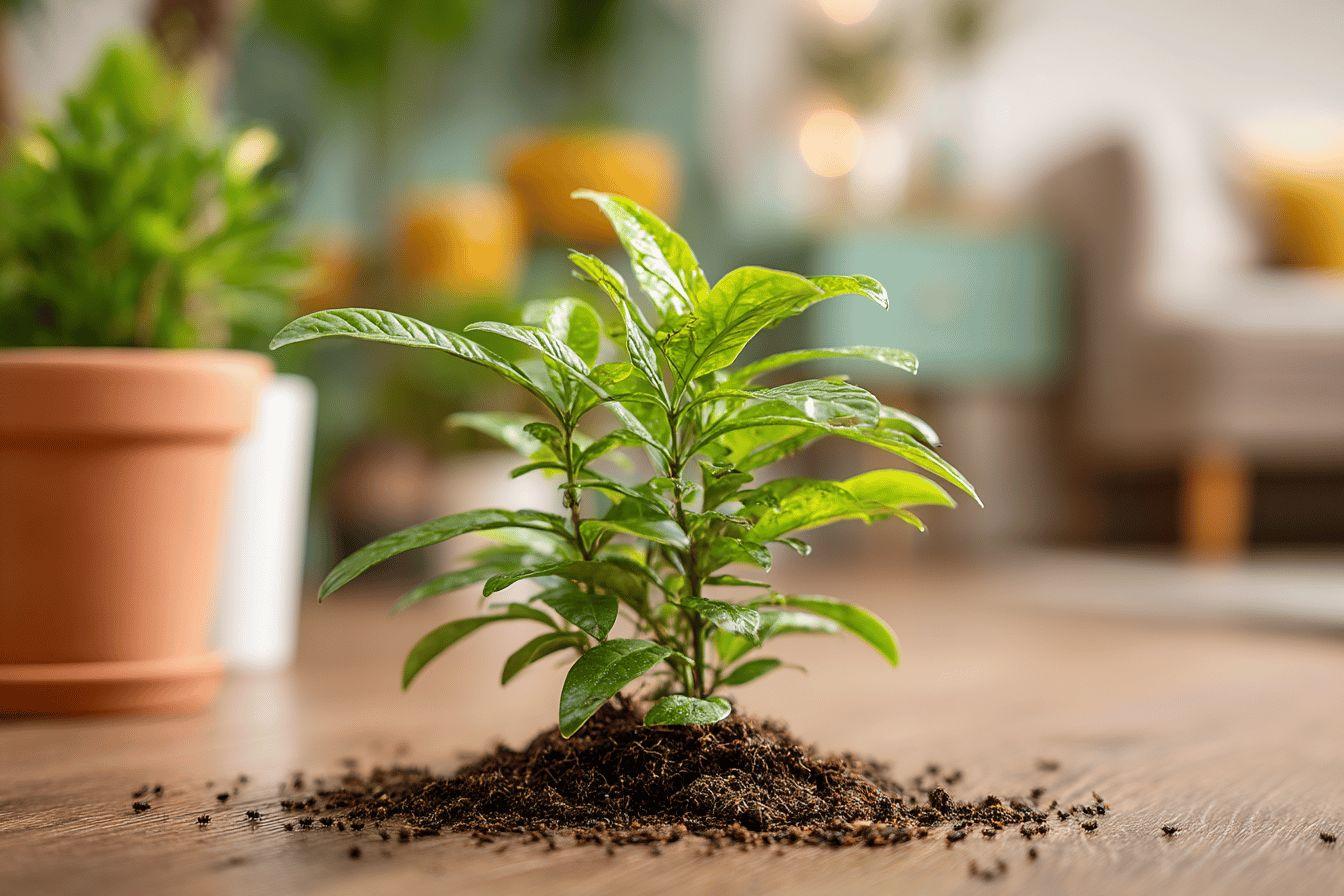 Pousse verte fraîche plantée dans un tas de terre