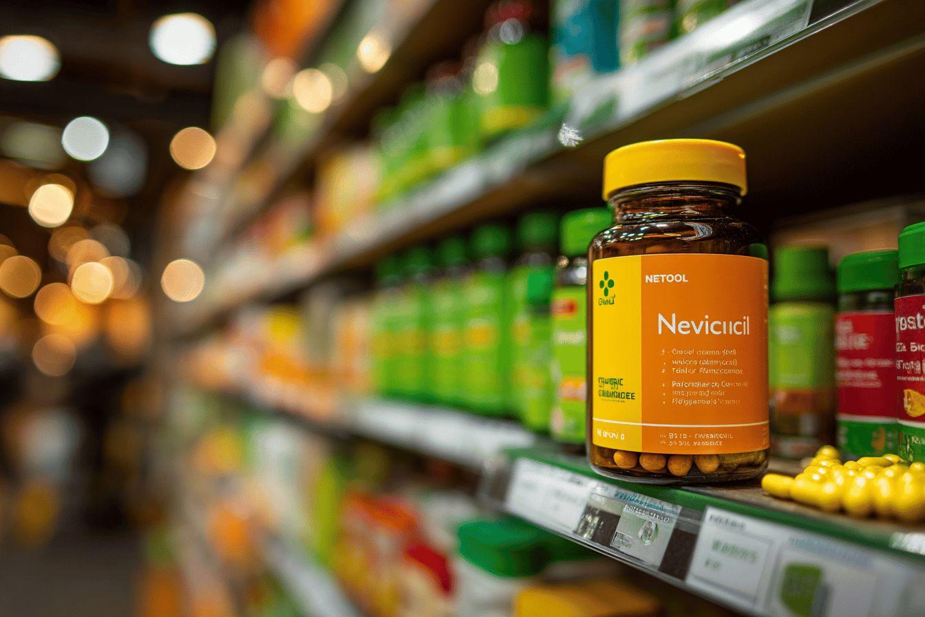 Bouteille de Nevicicil sur une étagère de pharmacie floue